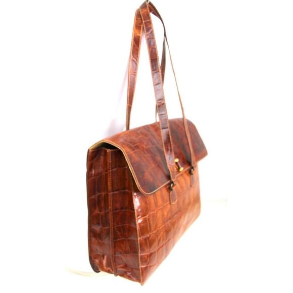 FURLA ITALY TAN BROWN CROCO PRINT GENUINE LEATHER FLAP BUSINES SHOULDER BAG - Picture 2 of 12